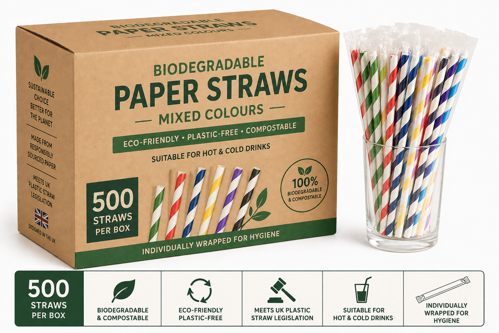 Biodegradable Paper Straws – Mixed Colours – Box of 500