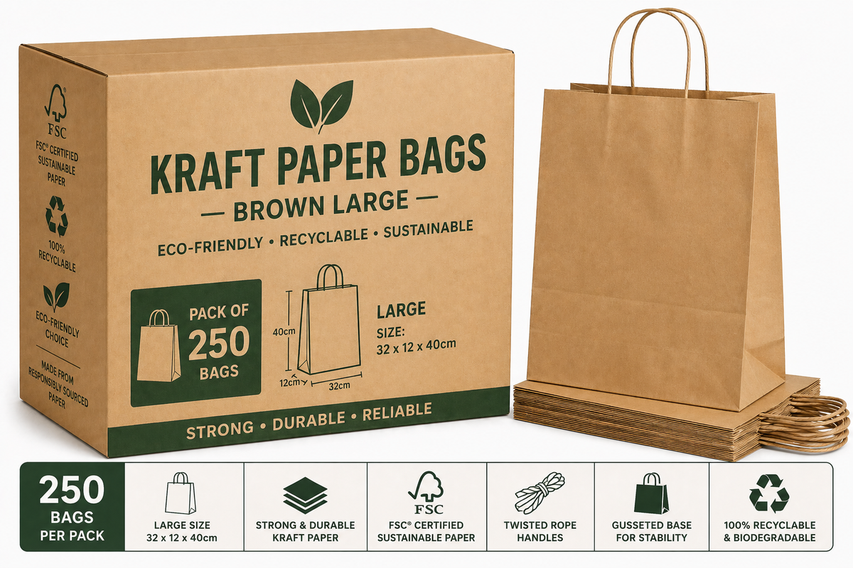Kraft Paper Bags Brown Large x 250 Pack