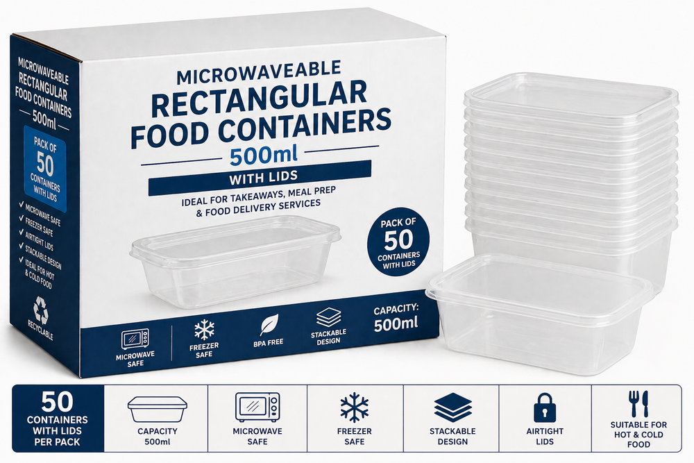 Microwaveable Food Containers 500ml with Lids x 50