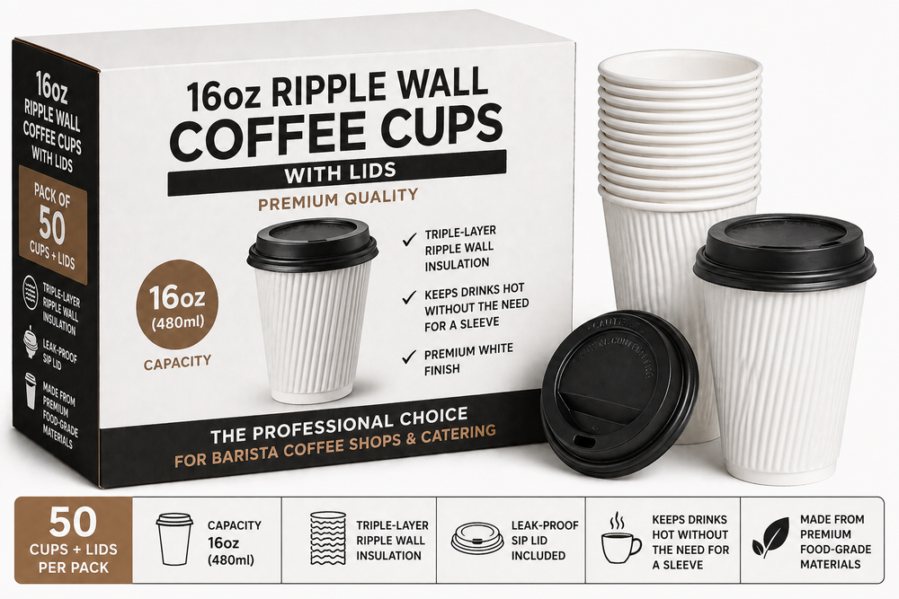 Ripple Wall Coffee Cups 16oz White x 50 with Lids