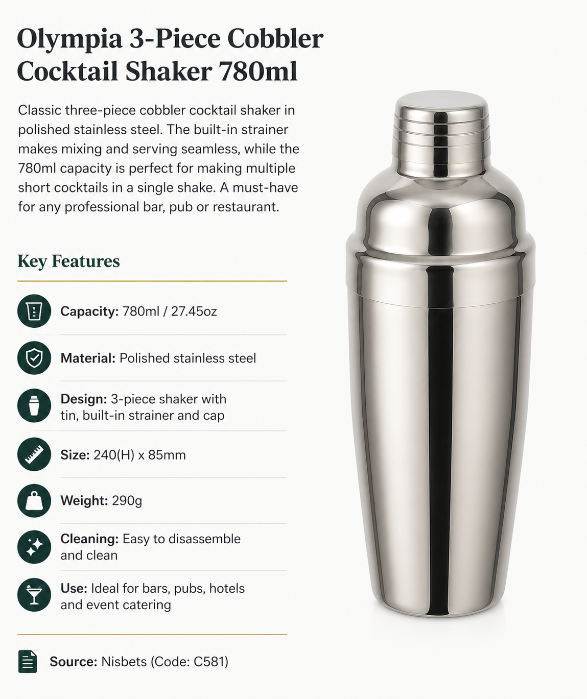 Olympia 3-Piece Cobbler Cocktail Shaker 780ml
